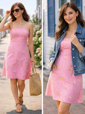 J.Crew Pink Gingham Strapless Sundress Cotton Dragonfly Embroidery Size 14